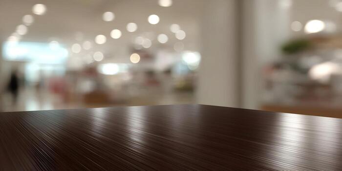A reflective dark wood table surface rests in front of a soft focus indoor setting with bokeh lights photo