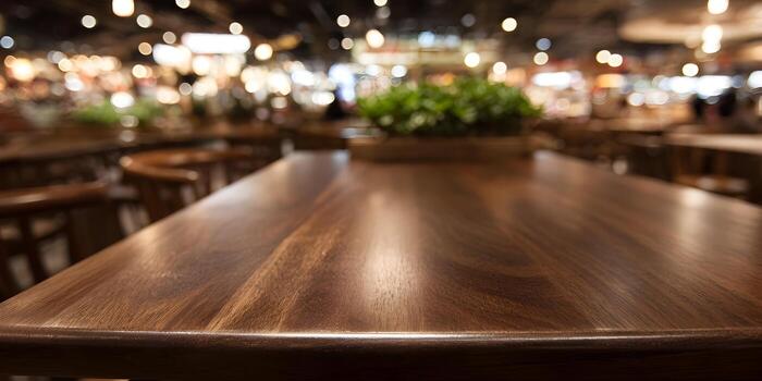 A close up view of a dark wooden table surface with a blurry background of warm bokeh lights in a restaurant setting photo