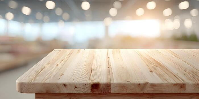 A bright clean wooden tabletop with natural grain patterns positioned in front of a soft blurry background with warm bokeh lights photo