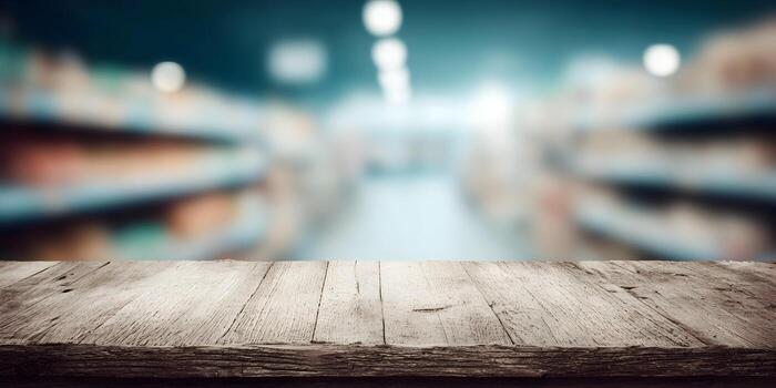 An empty rustic wooden table stands ready in front of a brightly lit blurred supermarket aisle background perfect for product display photo