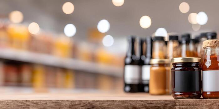 Various jars of sauces and condiments with blank labels are displayed on a wooden counter in a blurred store background photo