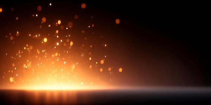 A burst of golden glowing particles emanates from a bright light source against a dark abstract background photo