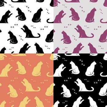 Set of geometric SEAMLESS patterns with pads of cat paws and cats. vector