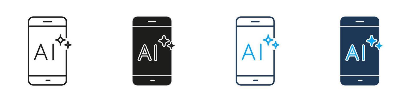 Artificial Intelligence Smartphone Mobile Application Line and Solid Icon Set. Digital App Device Innovation Machine Learning Technology Symbol Collection. Isolated Illustration vector
