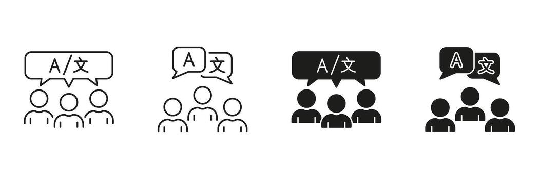 Multilingual Communication Group Line And Solid Icon Set. Language Exchange, Translation, And Cultural Interaction Symbol Collection. Diverse Language Skills. Isolated Illustration vector