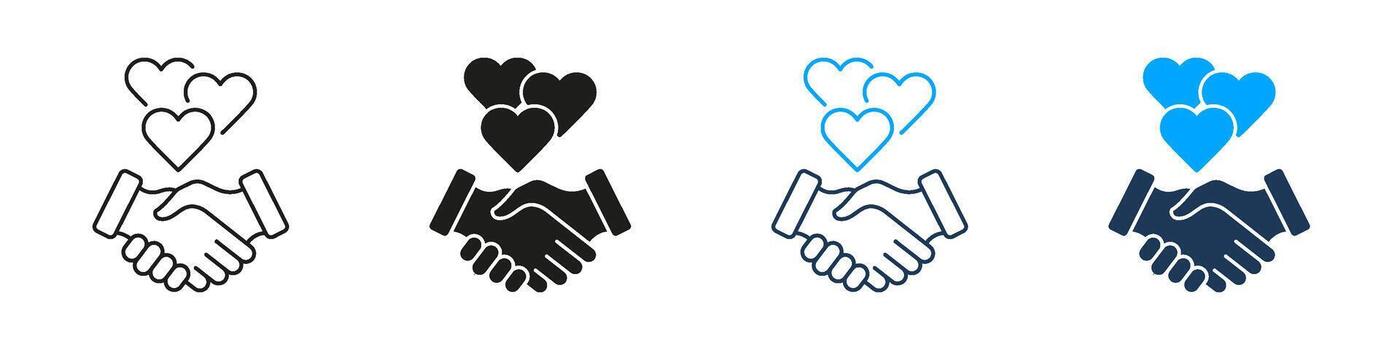 Handshake With Hearts Line And Solid Icon Set. Partnership, Trust, And Relationship Building Symbol Collection. Business And Personal Connection. Isolated Illustration vector