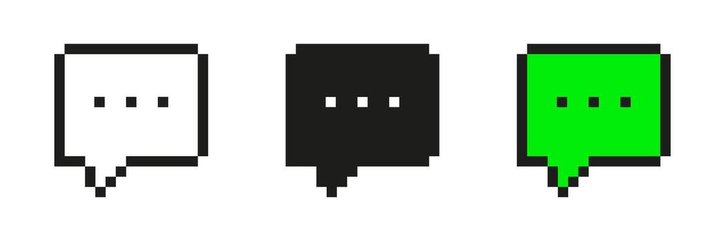 píxel Arte habla burbuja icono colocar. comunicación y mensajería pixelado símbolo recopilación. incluye blanco, negro, y verde variaciones para digital charla interfaces aislado ilustración vector