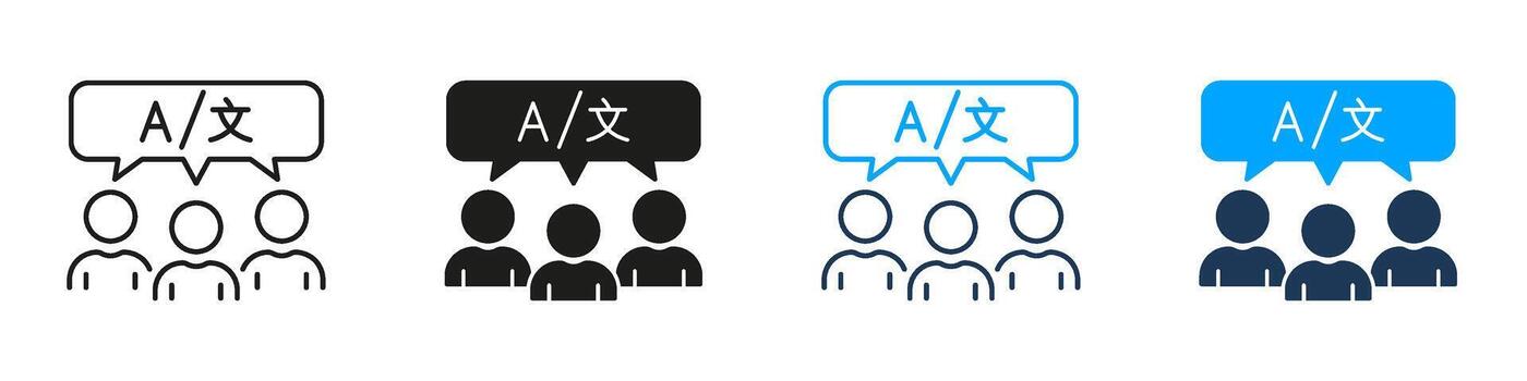 Group Translation Discussion Line And Solid Icon Set. People And Language Bubble For Team Communication, Multilingual Meetings, And Collaborative Interpretation. Isolated Illustratio vector