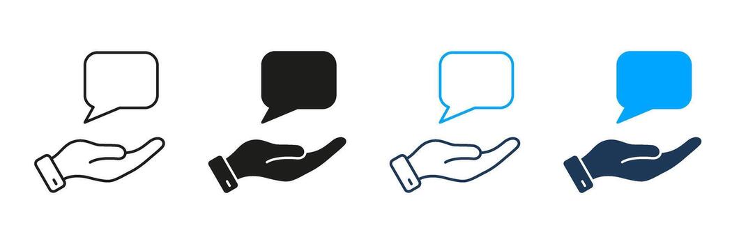 Hand Holding Speech Bubble Line And Solid Icon Set. Communication, Support, And Customer Service Symbol Collection. Interactive Dialogue And Feedback. Isolated Illustration vector