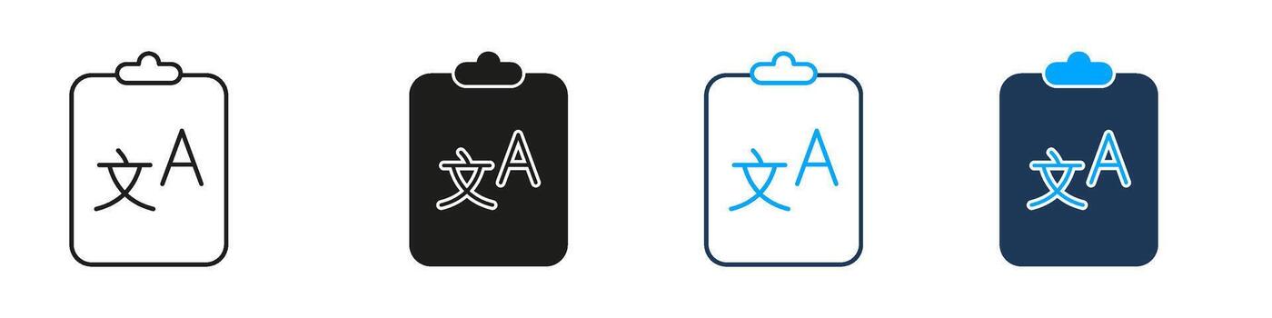 idioma portapapeles línea y sólido icono colocar. Traducción texto en tablero símbolo colección para terminología liza, lingüístico tareas, y plurilingüe documentación. aislado ilustración vector