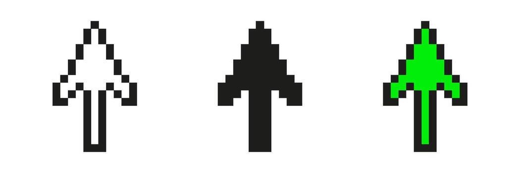 Pixel Art Arrow Icon Set. Directional Navigation And Interface Design Symbols. Retro Style Arrows In Black And Green Variations. Isolated Illustration vector