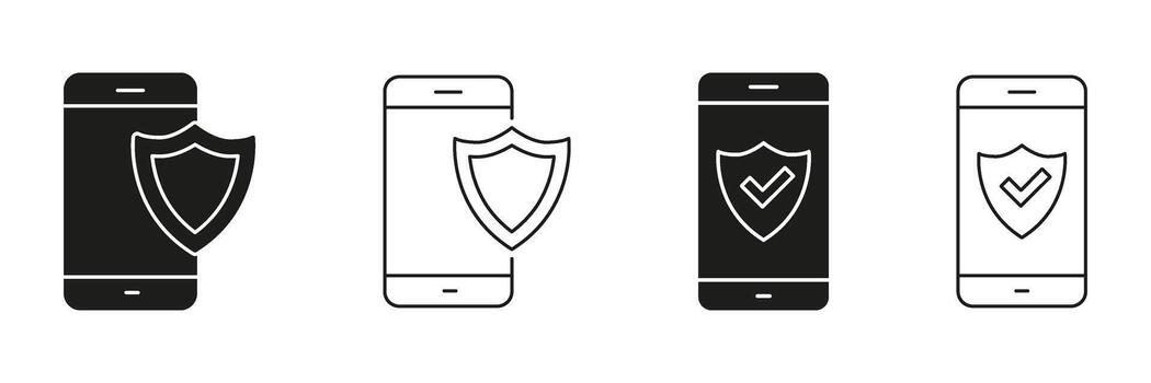 Smartphone Security Shield Line And Solid Icon Set. Mobile Protection And Data Privacy Symbol Collection. Cybersecurity And Safe Browsing. Isolated Illustration vector