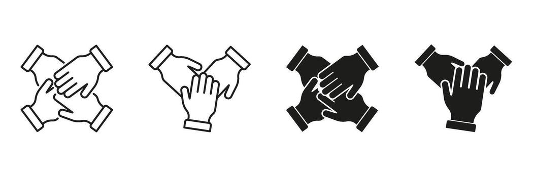 Four Hands In Unity Line And Solid Icon Set. Teamwork, Collaboration, And Partnership Symbol Collection. Cooperation And Support. Isolated Illustration vector