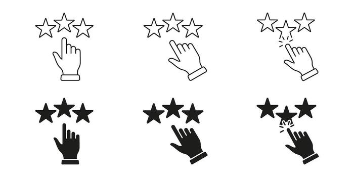 Hand Selecting Star Rating Line And Solid Icon Set. Customer Feedback, Review, And Satisfaction Evaluation Symbol Collection. User Experience And Quality Assessment. Isolated Illustration vector