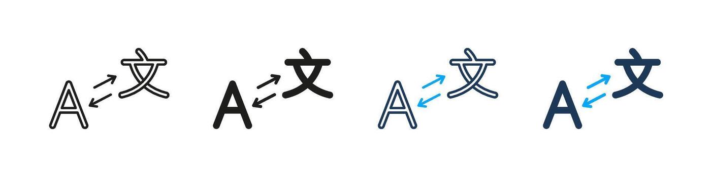 Language Conversion Line And Solid Icon Set. Alphabet And Foreign Character Symbol Collection For Bilingual Translation, Text Substitution, And Linguistic Change. Isolated Illustration vector