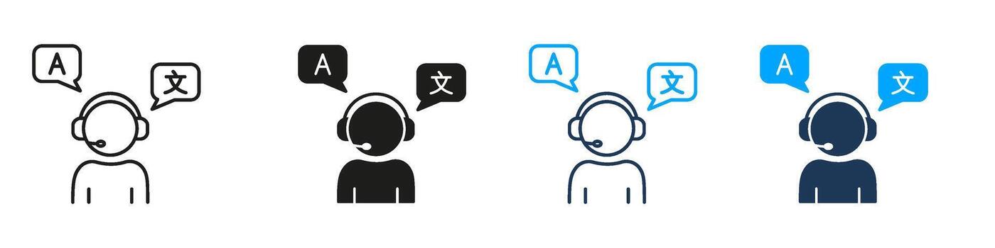 Multilingual Customer Support Agent Line And Solid Icon Set. Language Translation And Communication Assistance Symbol Collection. Call Center And Global Interaction. Isolated Illustration vector