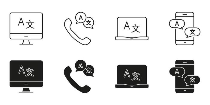 Multilingual Communication Devices Line And Solid Icon Set. Language Translation And Interpretation Symbol Collection. Computer, Phone, And Mobile Interface Icons. Isolated Illustration vector