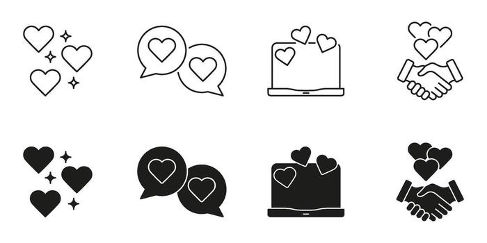 Hearts And Communication Line And Solid Icon Set. Love, Connection, And Digital Interaction Symbol Collection. Romantic And Collaborative Themes. Isolated Illustration vector