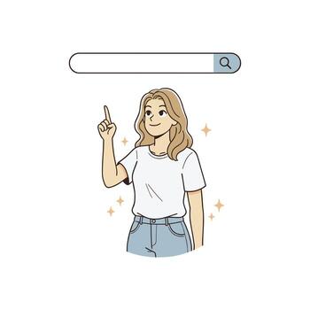 hembra personaje señalando a blanco buscar bar tecnología concepto Internet web buscar en línea hojeada dibujos animados plano ilustración vector