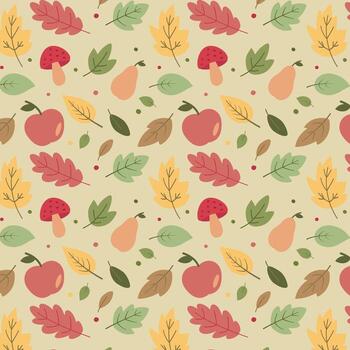 Seamless autumn pattern with colorful leaves, apples, pears, mushrooms and fall harvest elements on cream background vector