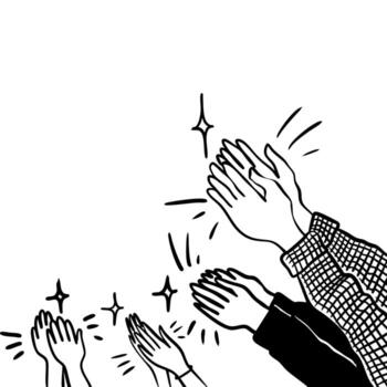 Black and white line art illustration of clapping hands. Applause gesture symbol with sparkles, perfect for expressing appreciation, congratulations, or support in design projects. vector