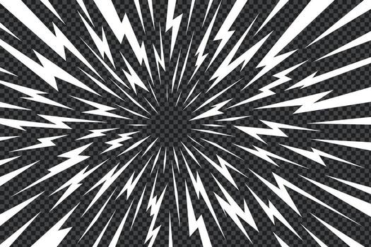 Manga thunder background arranges anime comic line bolts with radial spread and open center. Manga thunder bg graphic works for lightning effect, action shock frame, or abstract explosion design. vector