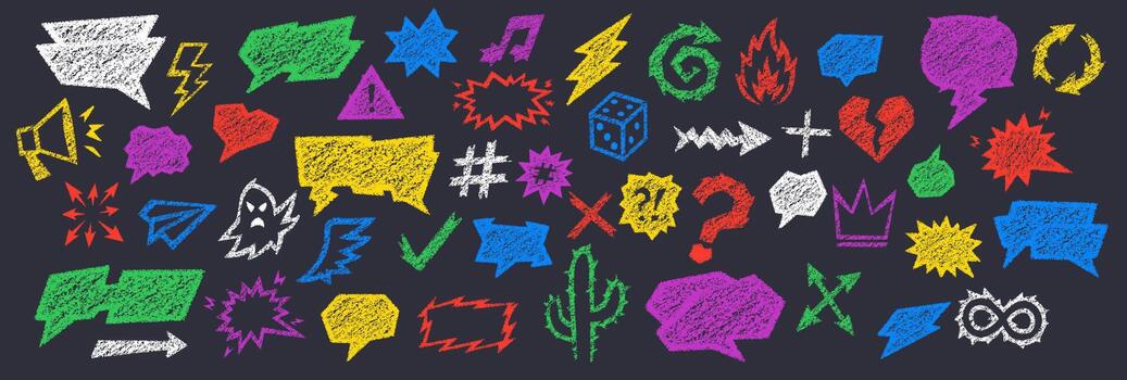 Crayon talk speech bubble and crayon text box mixed with doodle chalk balloon signs in bright style. Crayon talk colorful elements include arrows, hearts, stars and chat icons. vector