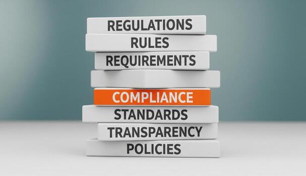 Stack of blocks with regulations rules and compliance text on them photo