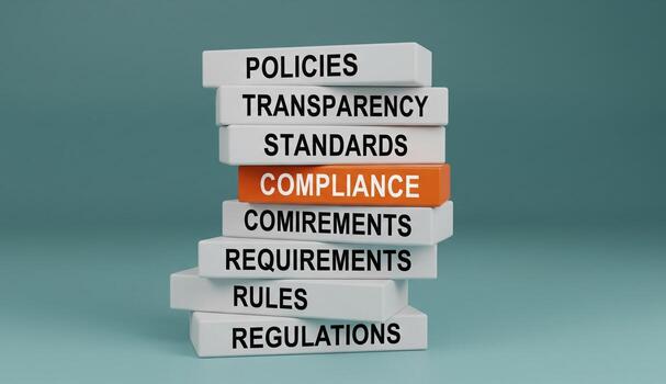 Stack of blocks with policies transparency and compliance concepts words photo