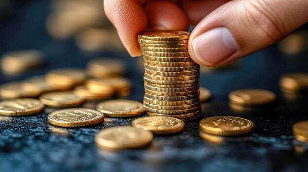 A person is holding a stack of gold coins background, industry photo