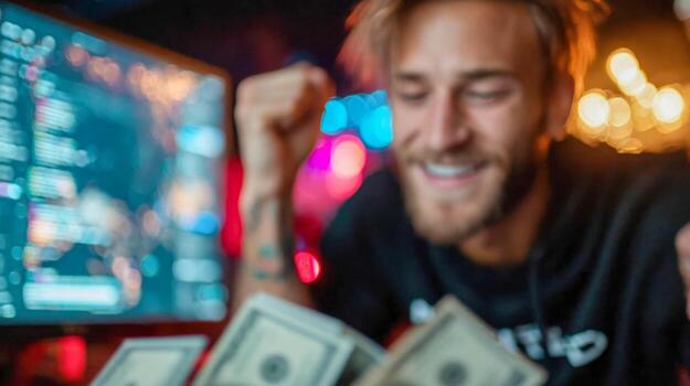 A man is smiling while holding money in front of a computer screen photo