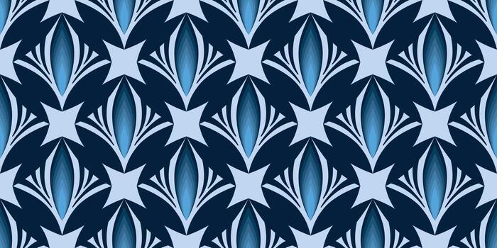 Blue winter ornament of curved lines and stars. Abstract geometric seamless pattern in shades of blue. Fantasy texture pattern. Diagonal mosaic tiles vector