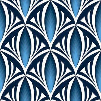 Abstract geometric seamless pattern in shades of blue. Fantasy texture pattern. Winter frosty ornament of curved lines. Geometry pattern with abstract shapes. Diagonal mosaic tiles vector
