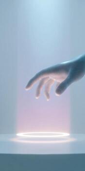 Futuristic workspace concept with hand reaching towards circular interface design photo