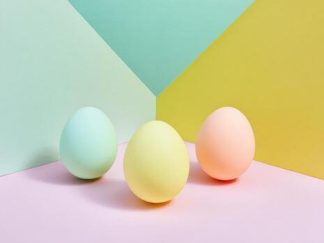 Pastel colored Easter eggs on abstract geometric background for spring celebration photo