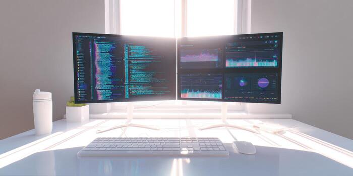 Modern productivity workspace with dual monitors and high tech setup for efficient workflow photo