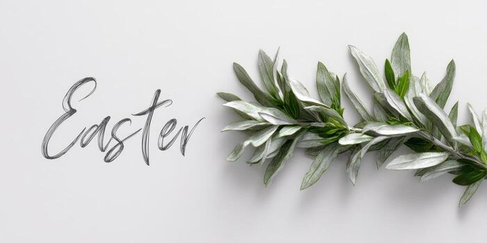 Hand lettered Easter typography on white with silver greenery for spring designs photo