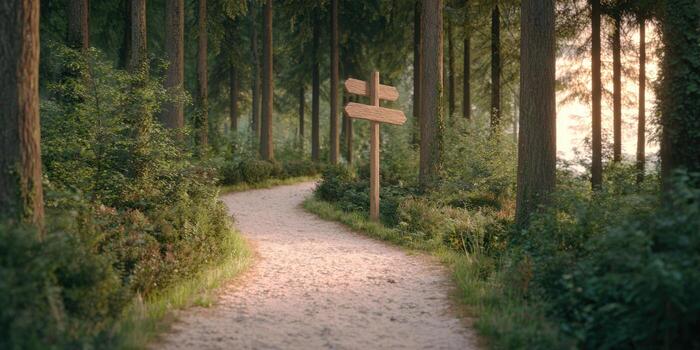 Tranquil forest pathway with textured light gravel and sunlight glow photo