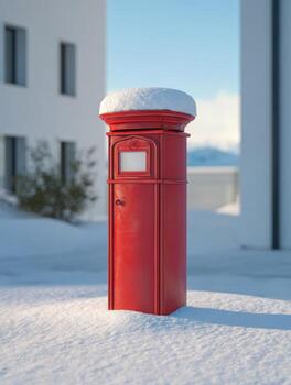 Winter scene with red mailbox covered in snow against a clear blue sky photo