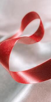 metálico rojo cinta desenredando en suave blanco tela para regalo envase y decoración diseño foto