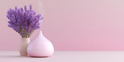 minimalista bienestar decoración con lavanda y difusor en pastel rosado antecedentes foto