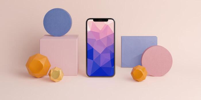 moderno teléfono inteligente mostrando geométrico diseño en elegante plano laico arreglo foto