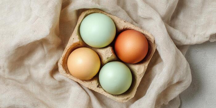 Flat lay of fresh farm eggs in recyclable carton on textured fabric background photo