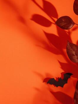 Halloween autumn leaves and shadows on bright orange gradient background photo