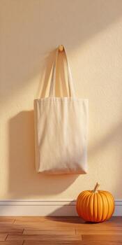 Eco friendly reusable canvas tote bag hanging on natural wood hook in minimalist setting photo