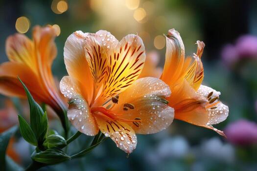 Orange Peruvian Lilies with Dewdrops in Soft Light photo