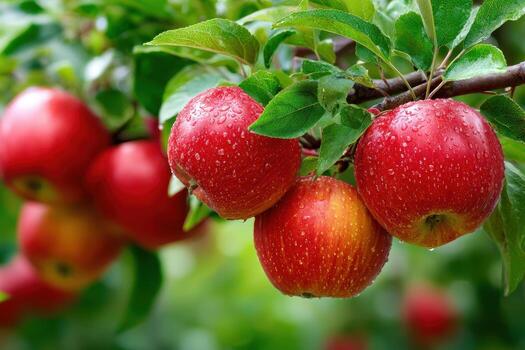 Ripe Red Apples with Water Droplets on a Tree Branch photo