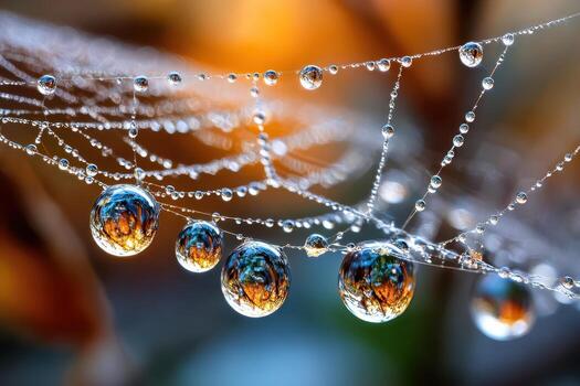 Dewdrops on a Spiderweb Reflecting Autumn Colors photo