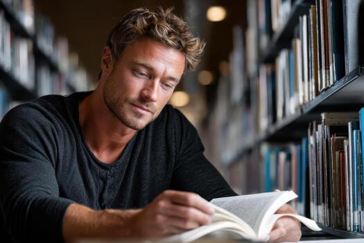 Man Reading Book in Library with Bookshelves photo