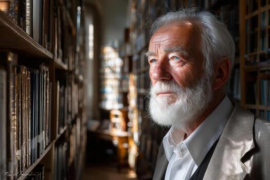 Elderly Man Contemplates in a Library with Bookshelves photo
